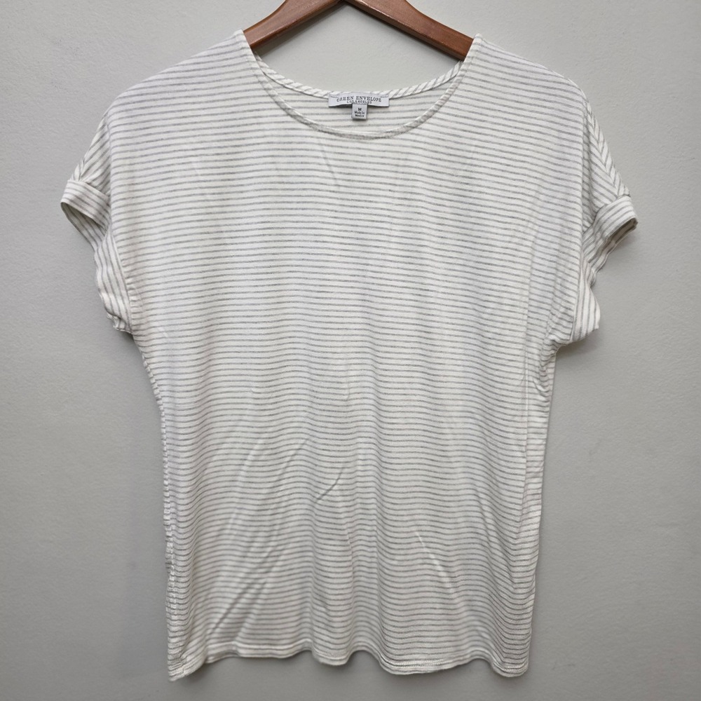 Green Envelope Striped Top Women M White Grey Casual Cuffed Sleeve Minimalist